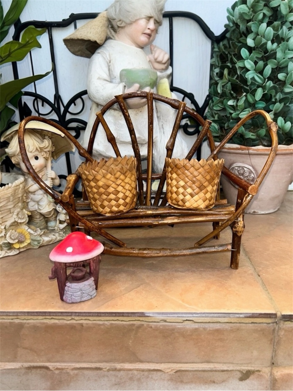 Vintage Bent-Wood Twig Bench primitive folk art with 2 woven baskets plant stand